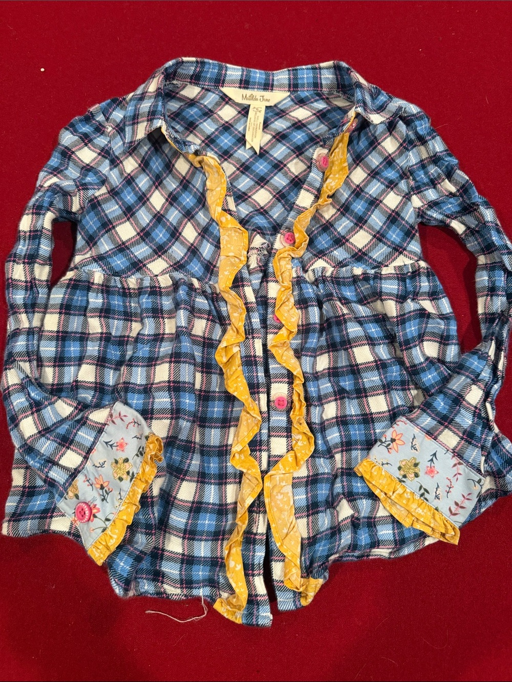 Matilda Jane Blue Plaid Top with Yellow Ruffle Trim